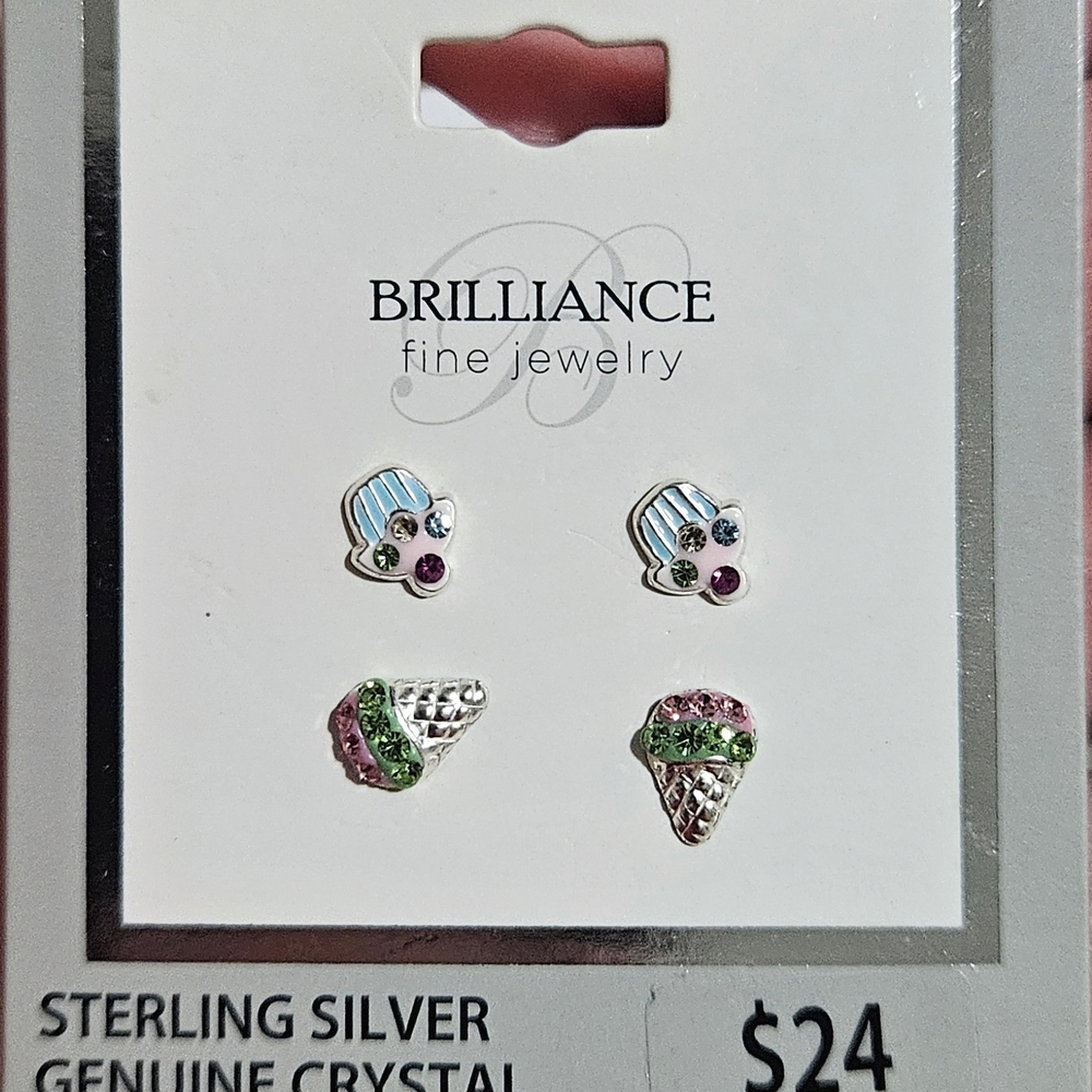 Brilliance Sterling Silver Ice Cream Earrings with Pink and Green Accents